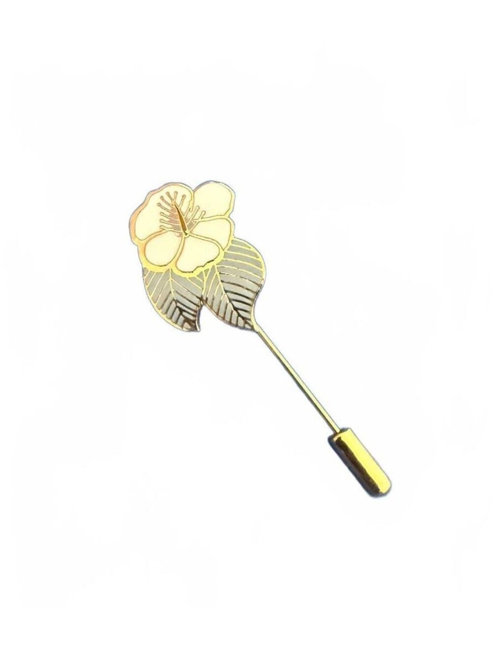 Hibiscus by Laurel Burch White and Green Hibiscus on Gold Metal Brooch Pin
